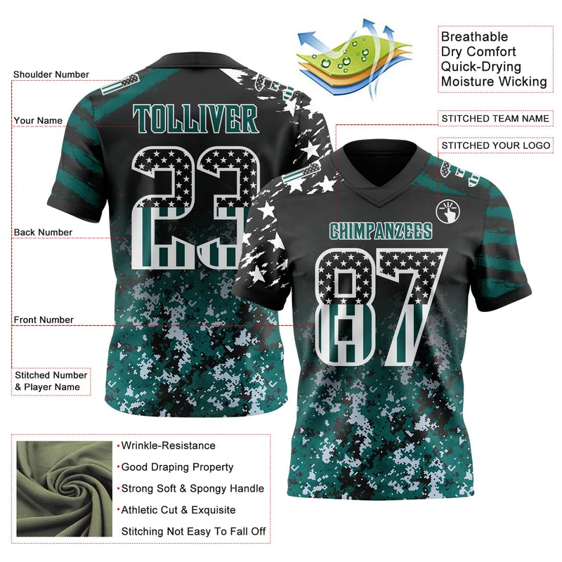 Custom Black USA Flag Camo White-Midnight Green Authentic Gradient Digital Camouflage Stars & Stripes Raglan Sleeves Football Jersey