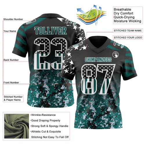 Custom Black USA Flag Camo White-Midnight Green Authentic Gradient Digital Camouflage Stars & Stripes Raglan Sleeves Football Jersey