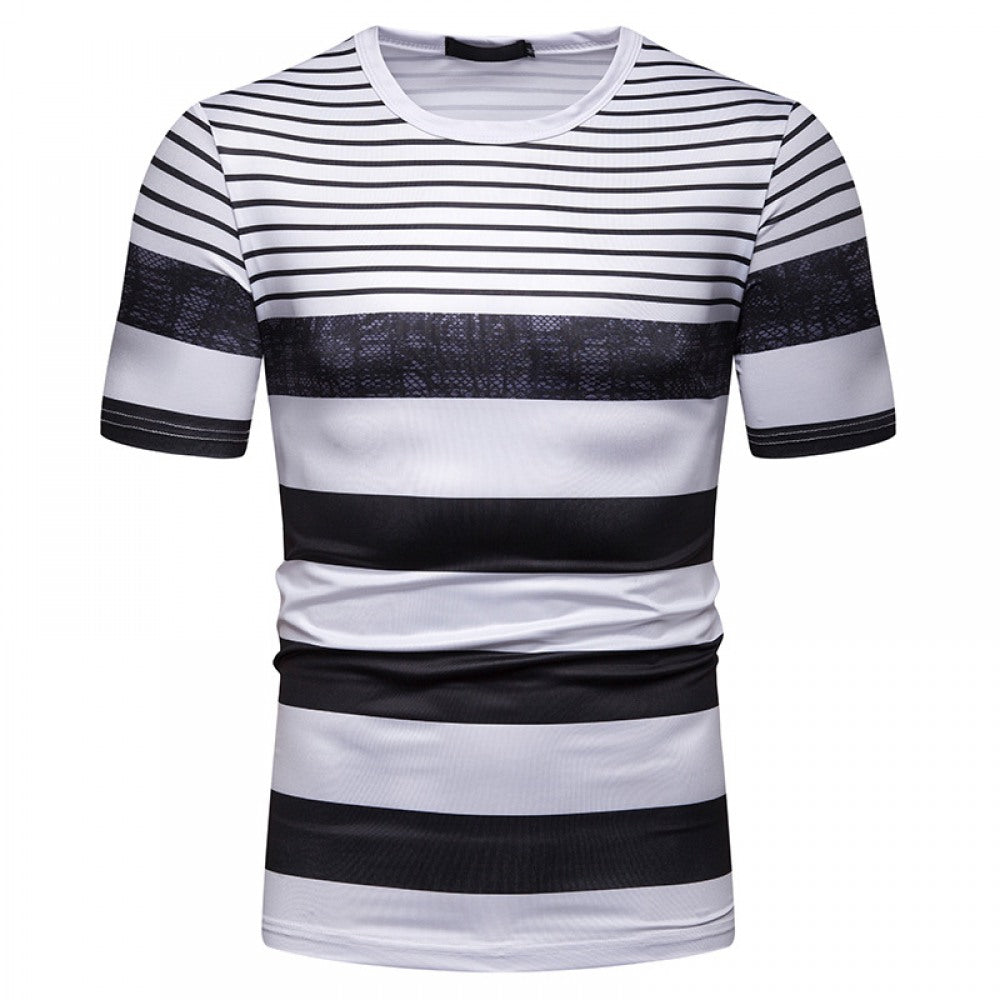 New Summer Men's Short-Sleeved T-Shirt Contrast Striped Slim Casual T-Shirt