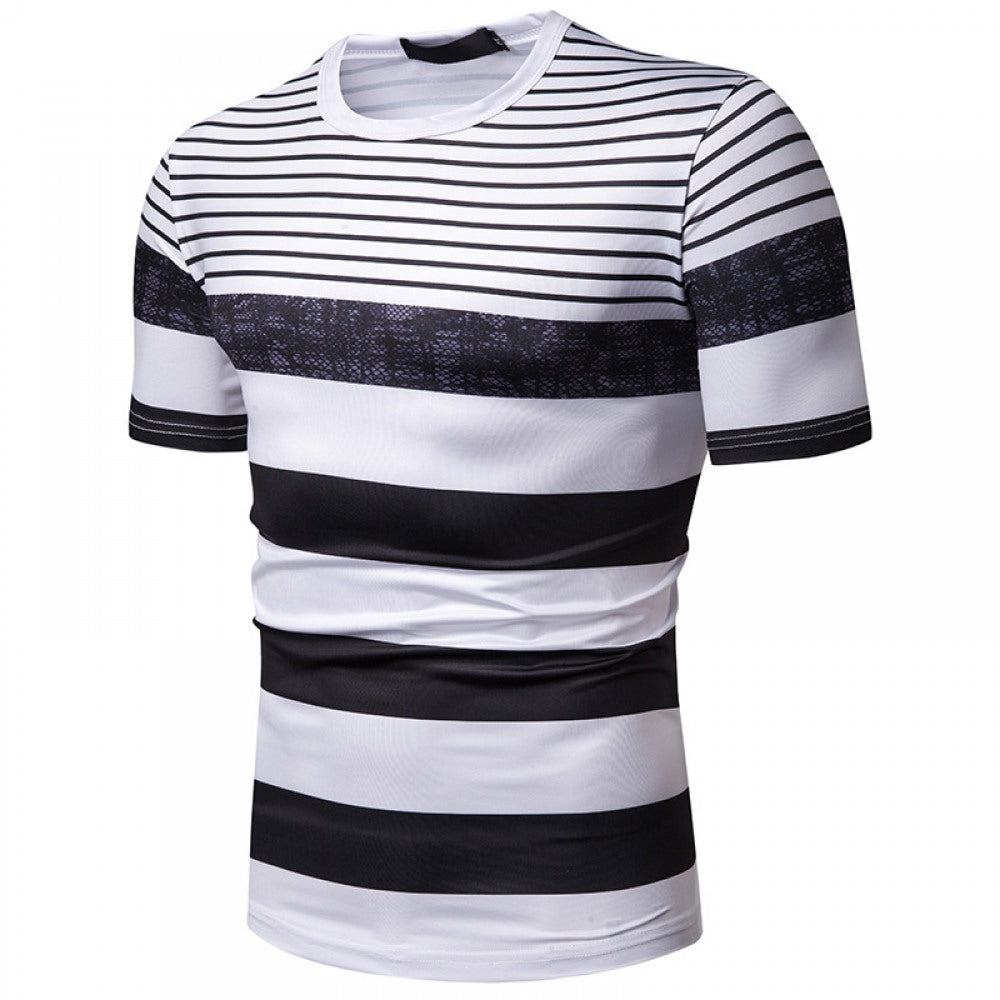 New Summer Men's Short-Sleeved T-Shirt Contrast Striped Slim Casual T-Shirt